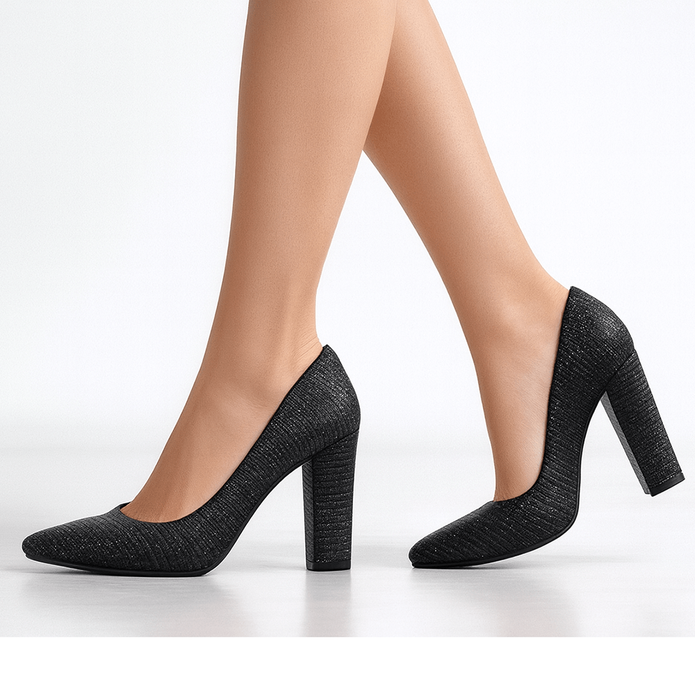 Siyah Simli Kadın Kalın Topuklu Ayakkabı MA-023