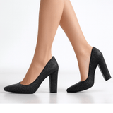 Siyah Simli Kadın Kalın Topuklu Ayakkabı MA-023