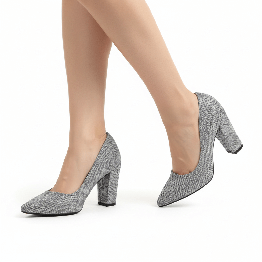 Platin Simli Kadın Kalın Topuklu Ayakkabı MA-023