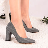 Platin Simli Kadın Kalın Topuklu Ayakkabı MA-023