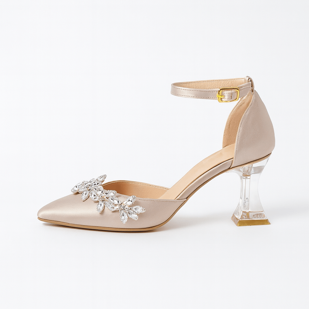 Bej Taşlı Bilekten Bağlamalı Topuklu Ayakkabı RA-561