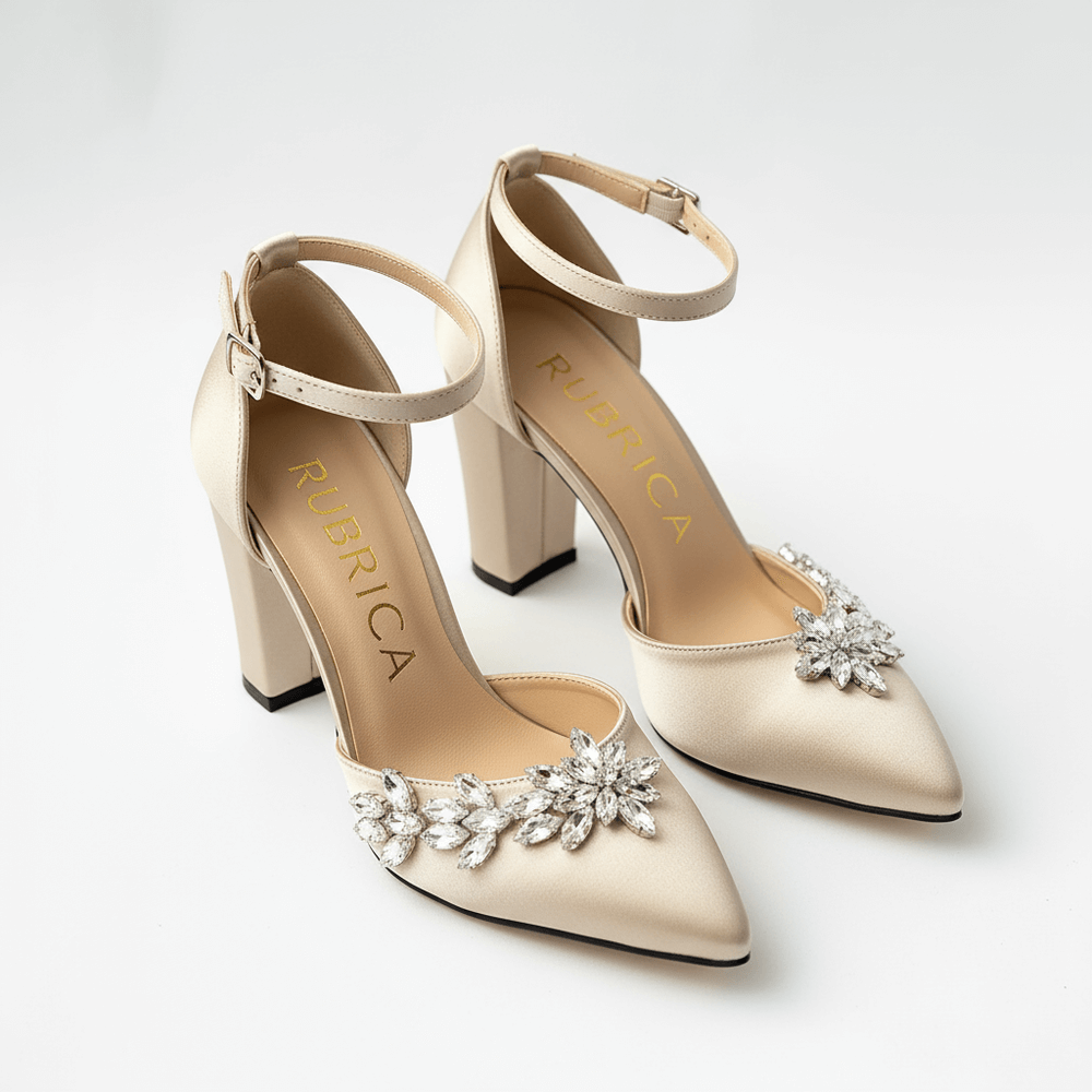 Bej Taşlı Bilekten Bağlamalı Topuklu Ayakkabı RA-8001