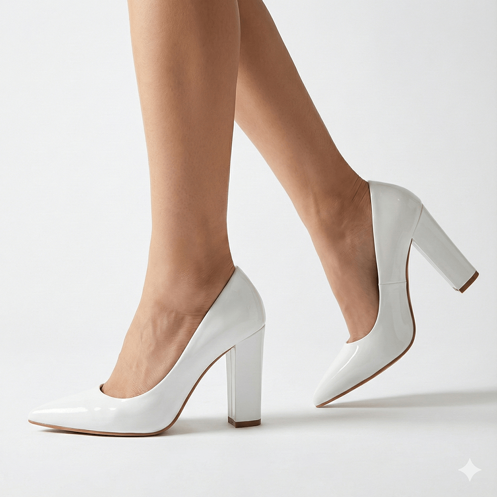 Beyaz Rugan Kadın Kalın Topuklu Ayakkabı MA-023