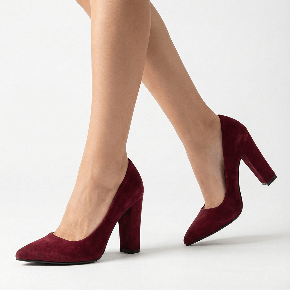 Bordo Süet Kadın Kalın Topuklu Ayakkabı MA-023