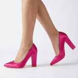 Fuşya Saten Kadın Kalın Topuklu Ayakkabı MA-023