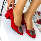 Kırmızı Süet Alçak Topuklu Taşlı Abiye Ayakkabı RA-1620