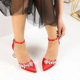 Kırmızı Taşlı Bilekten Bağlamalı Topuklu Ayakkabı RA-561