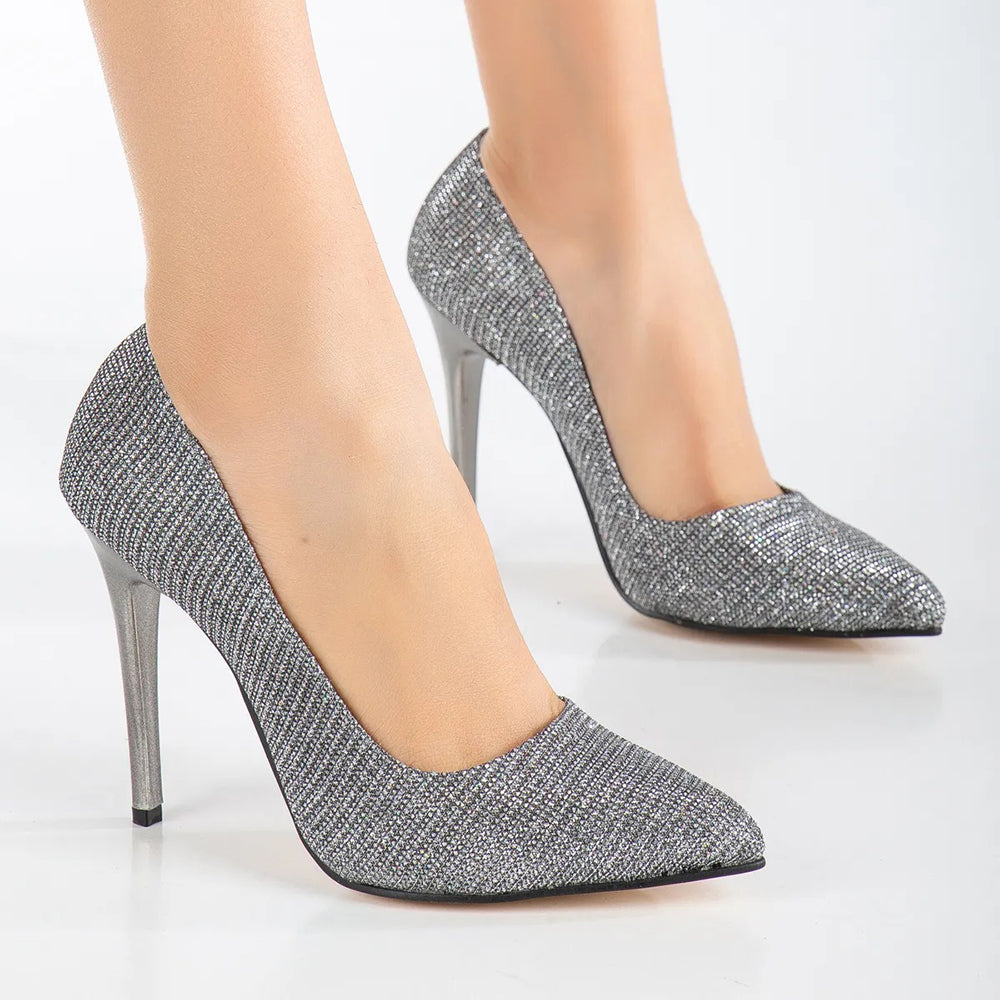 Platin Rengi Simli Topuklu Ayakkabı MA-021