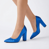 Saks Mavisi Saten Kadın Kalın Topuklu Ayakkabı MA-023