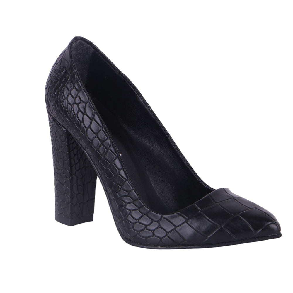 Siyah Krokodil Kadın Kalın Topuklu Ayakkabı MA-023