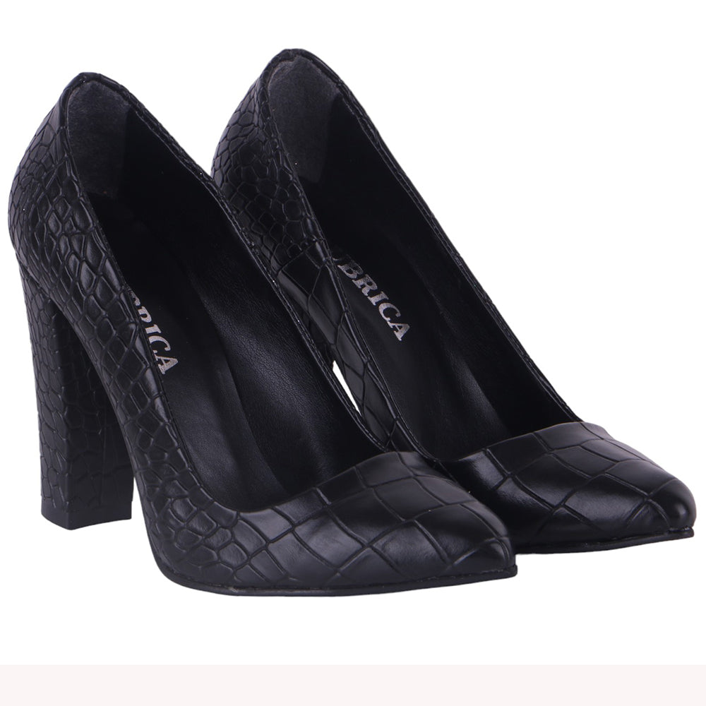 Siyah Krokodil Kadın Kalın Topuklu Ayakkabı MA-023