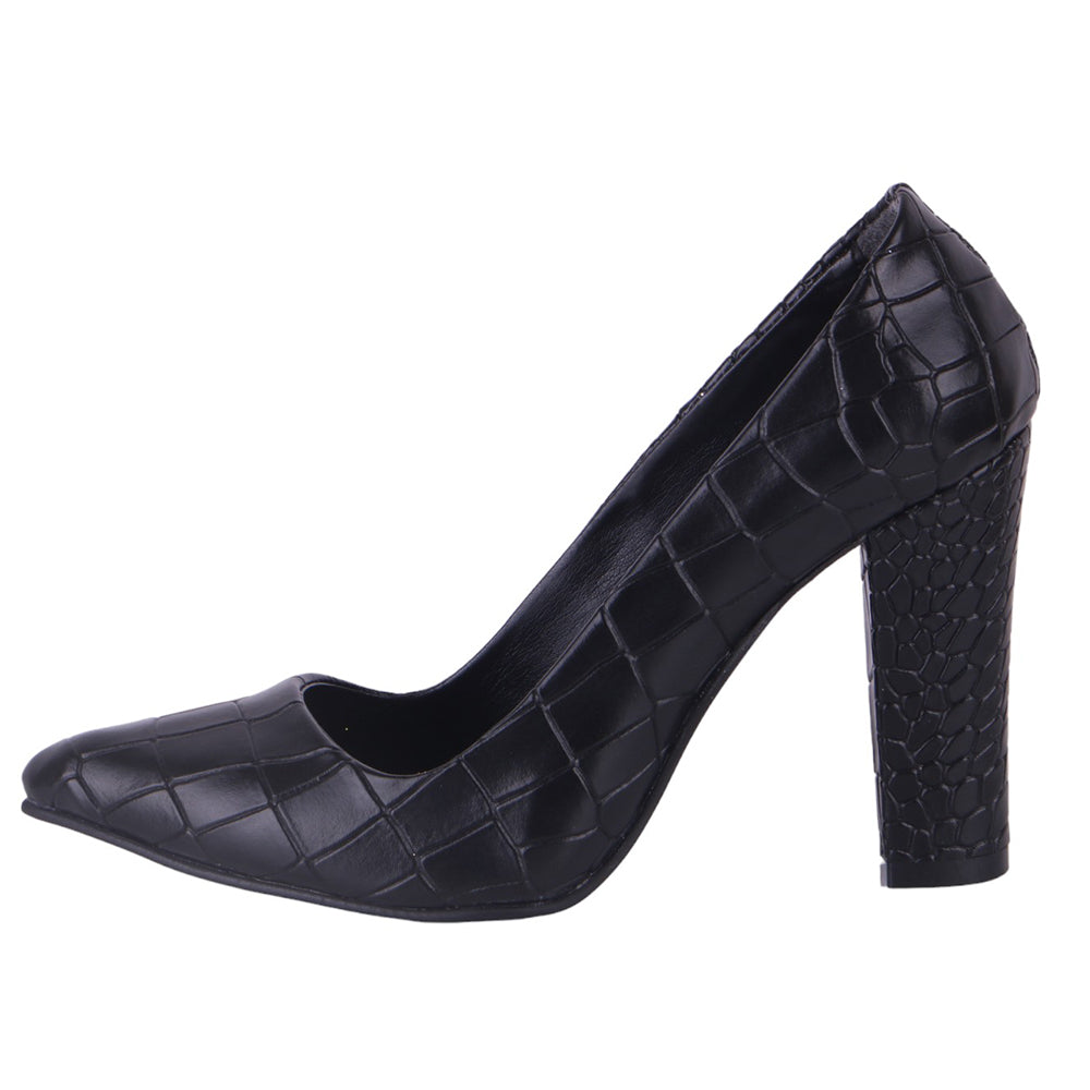 Siyah Krokodil Kadın Kalın Topuklu Ayakkabı MA-023
