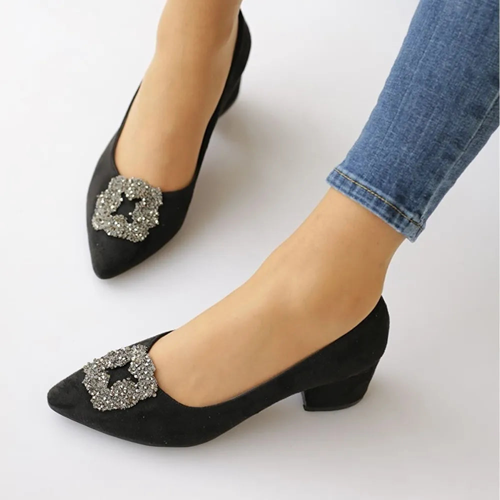 Siyah Süet Alçak Topuklu Taşlı Abiye Ayakkabı RA-1620
