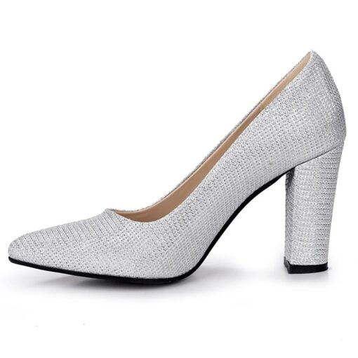 Silver Glitter Block Heel Shoes MA-023