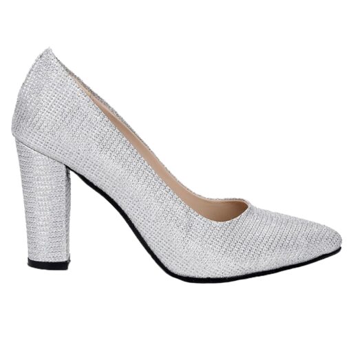 Silver Glitter Block Heel Shoes MA-023