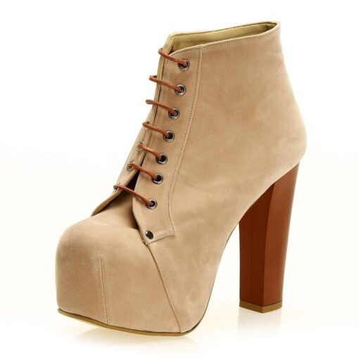 Beige Suede Platform Heeled Boots RA-010