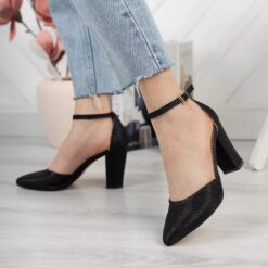 Black Glitter Ankle Strap Pumps for Women RA-062