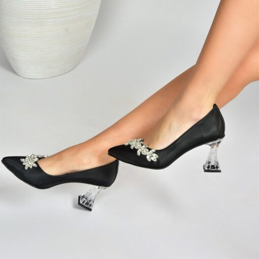 Black Low Heel Dress Shoes with Rhinestone RA-050