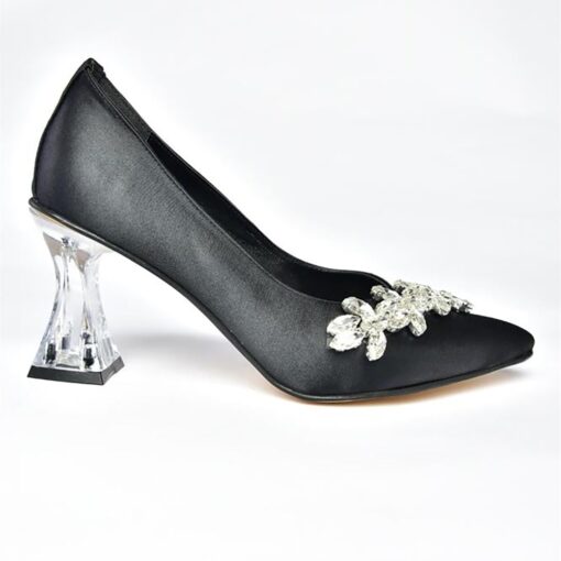 Black Low Heel Dress Shoes with Rhinestone RA-050