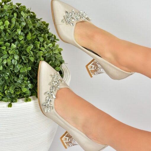 Beige Low Heel Dress Shoes with Rhinestone RA-050