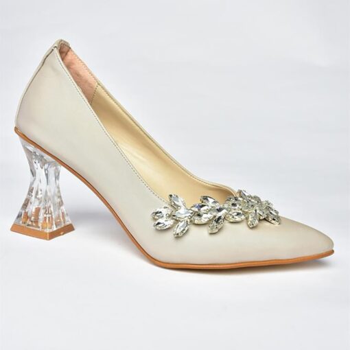 Beige Low Heel Dress Shoes with Rhinestone RA-050