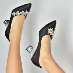 Black Low Heel Dress Shoes with Rhinestone RA-050