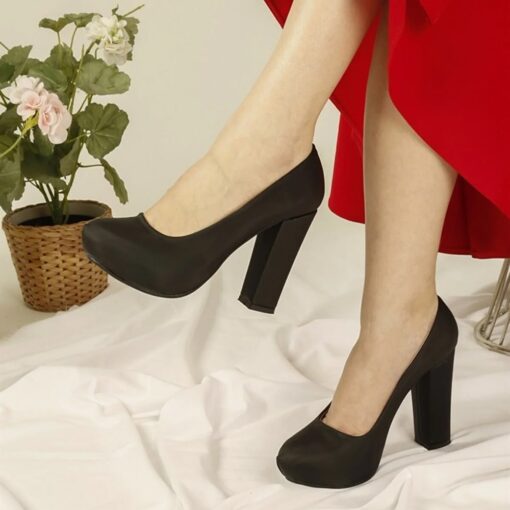 Black Satin Block Heel Wedding Shoes RA-515