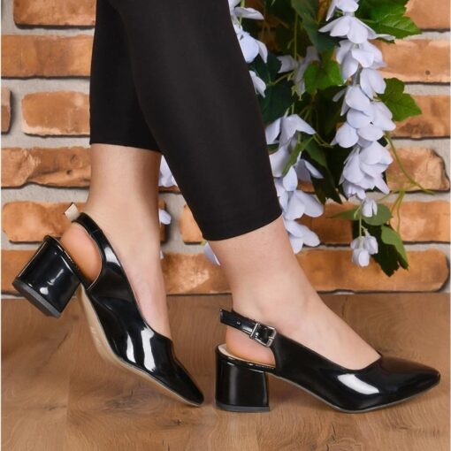 Black Shiny Ankle Strap Heels for Women MA-028