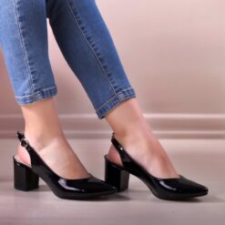 Black Shiny Ankle Strap Heels for Women MA-028