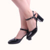 Black Shiny Ankle Strap Low Heel for Women RA-145