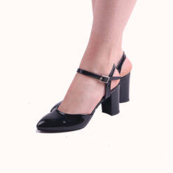 Black Shiny Ankle Strap Low Heel for Women RA-145