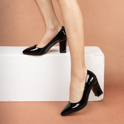 Black Shiny Low Heel Dress Shoes for Women MA-024