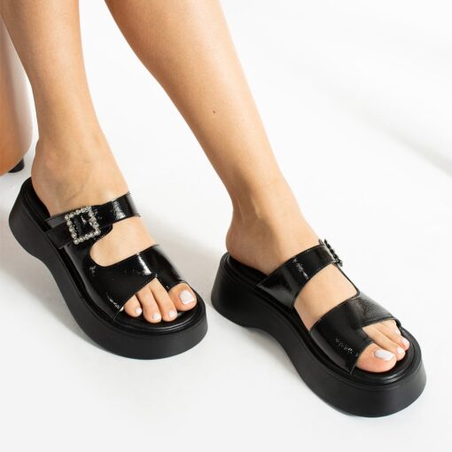 Black Shiny Sandals for Women with Buckle TA-04