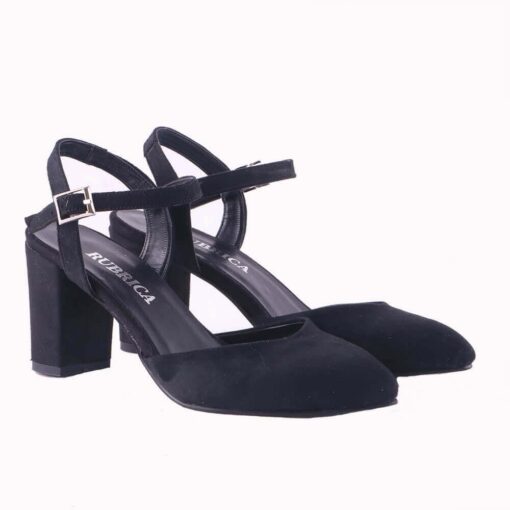 Black Suede Ankle Strap Low Heel for Women RA-145