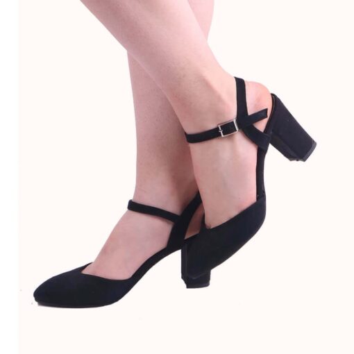 Black Suede Ankle Strap Low Heel for Women RA-145