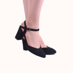 Black Suede Ankle Strap Low Heel for Women RA-145