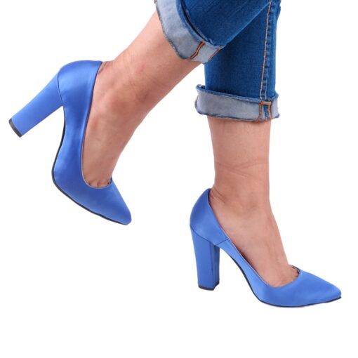 Blue Satin Block Heel Shoes MA-023