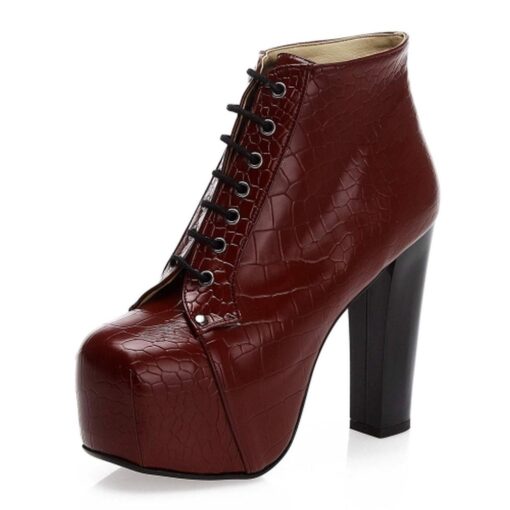 Burgundy Crocodile Platform Heeled Boots RA-010