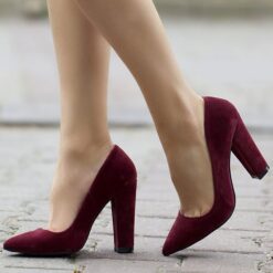 Burgundy Suede Block Heel Shoes MA-023