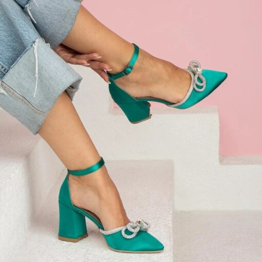 Green Chunky Heels with Bow RA-032