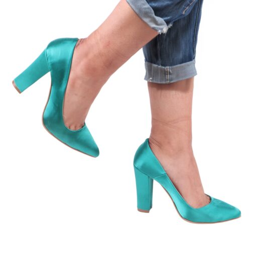 Green Satin Block Heel Shoes MA-023