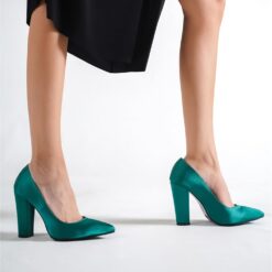 Green Satin Block Heel Shoes MA-023