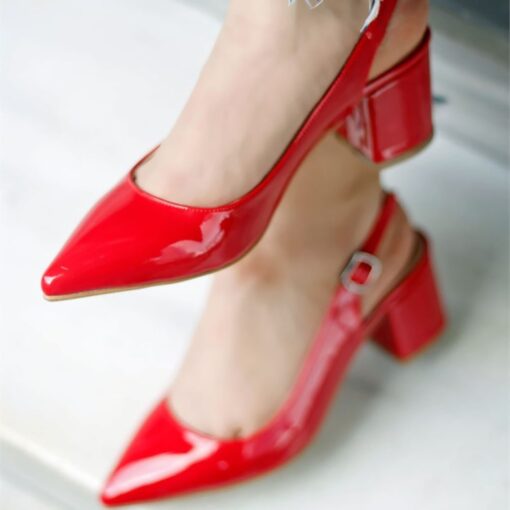 Red Shiny Ankle Strap Heels for Women MA-028