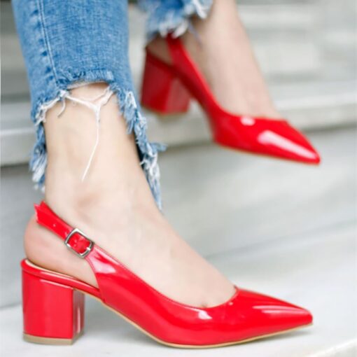 Red Shiny Ankle Strap Heels for Women MA-028