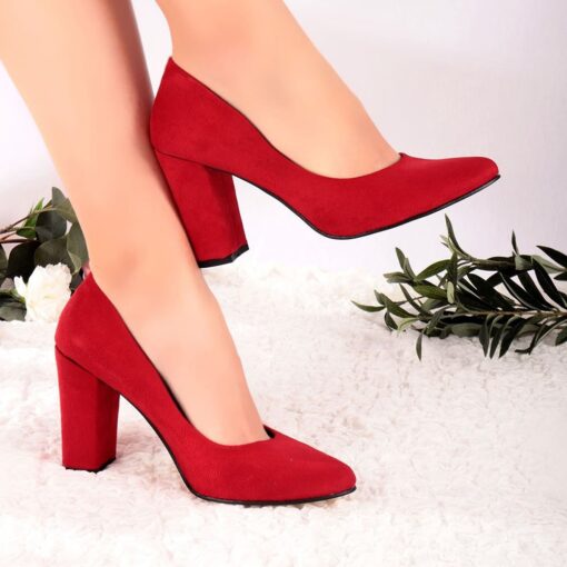 Red Suede Block Heel Shoes MA-023