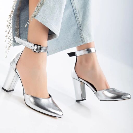 Silver Mirror Ankle Strap Pumps for Women RA-062