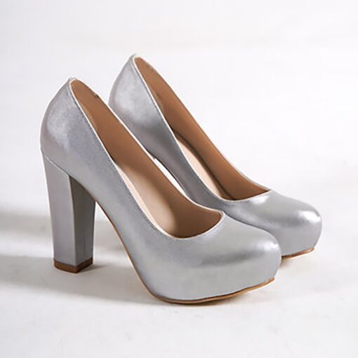 Silver Satin Block Heel Wedding Shoes RA-515