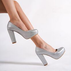 Silver Satin Block Heel Wedding Shoes RA-515