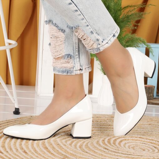 White Shiny Low Heel Dress Shoes for Women MA-024